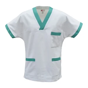 Casacca bianca con rimessi colorati e scollo a “V”