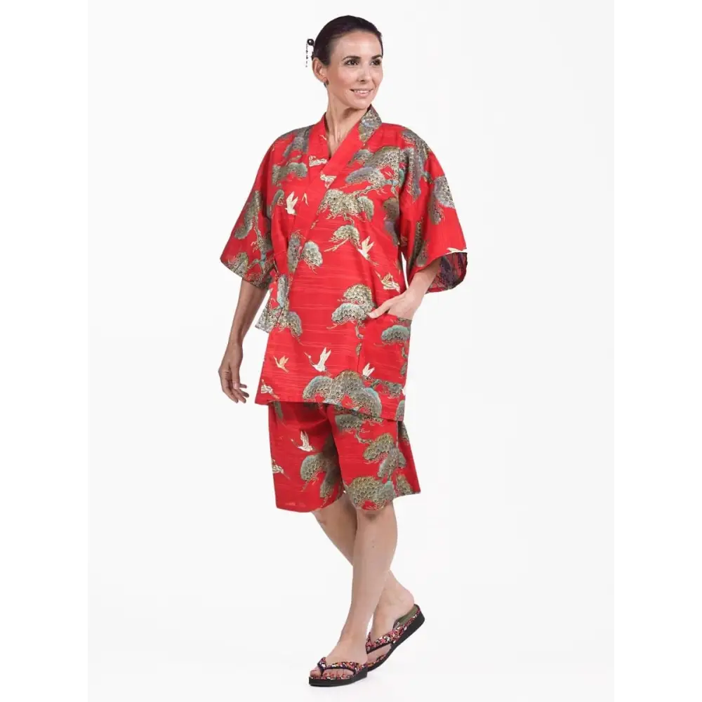 Donna Jinbei giapponese Red Crane & Pine - immagine 2